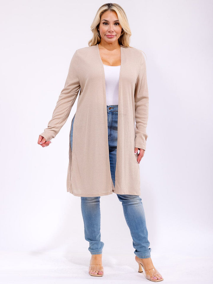 PLUS SIZE LONG SLEEVE OPEN FRONT SIDE SLIT RIBBED CARDIGAN