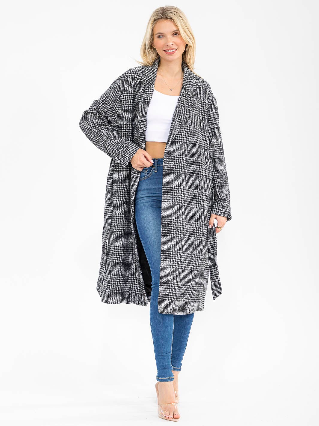 WOMEN'S LONG SLEEVE OPEN FRONT POCKETS SELF TIE COAT