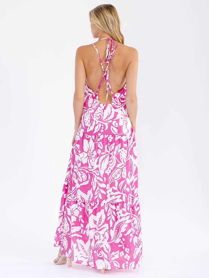 WOMEN'S SLEEVELESS V-NECK OPEN BACK FLORAL MAXI DRESS