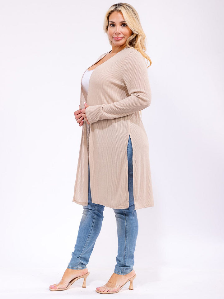 PLUS SIZE LONG SLEEVE OPEN FRONT SIDE SLIT RIBBED CARDIGAN