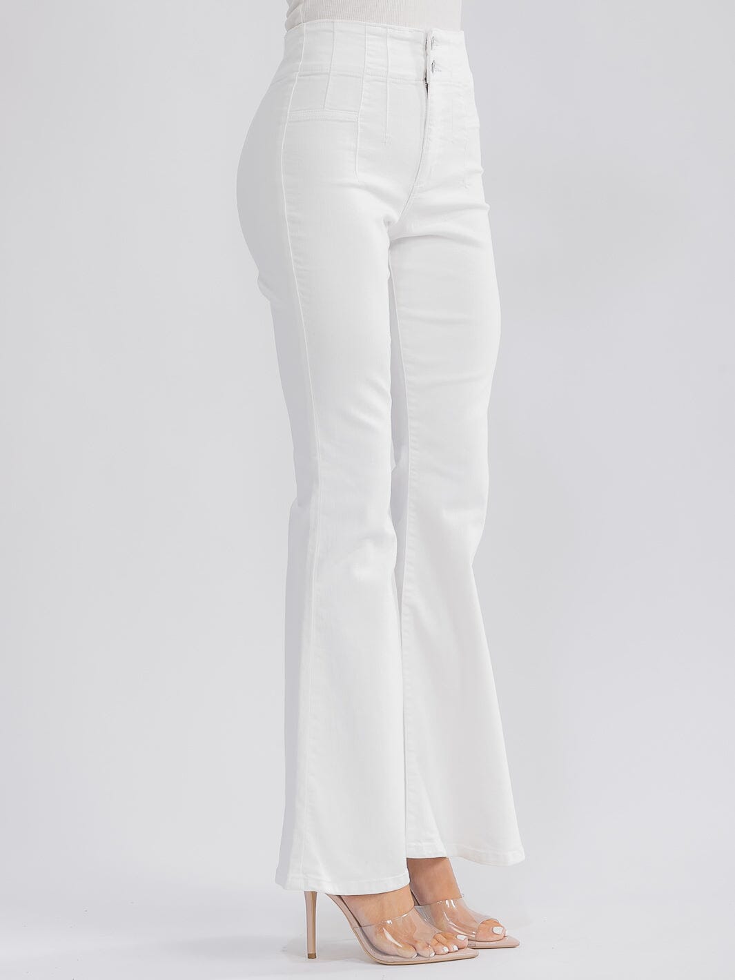WOMEN'S BUTTON CLOSURE POCKETS BELL LEG DENIM PANTS