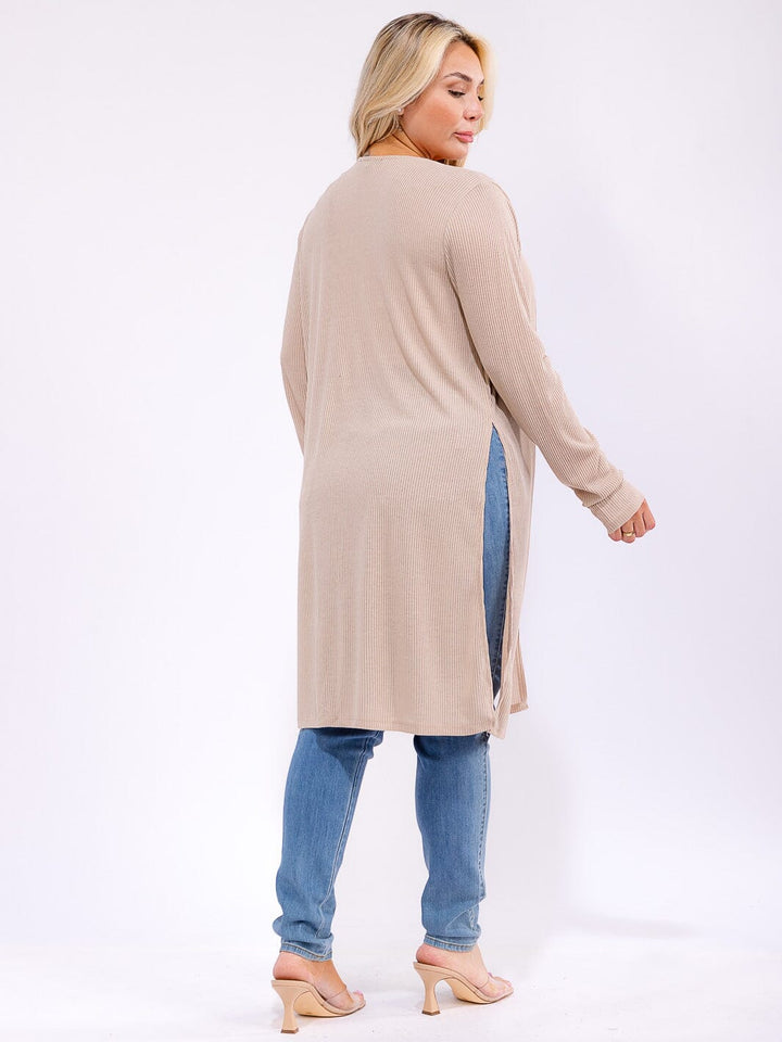 PLUS SIZE LONG SLEEVE OPEN FRONT SIDE SLIT RIBBED CARDIGAN