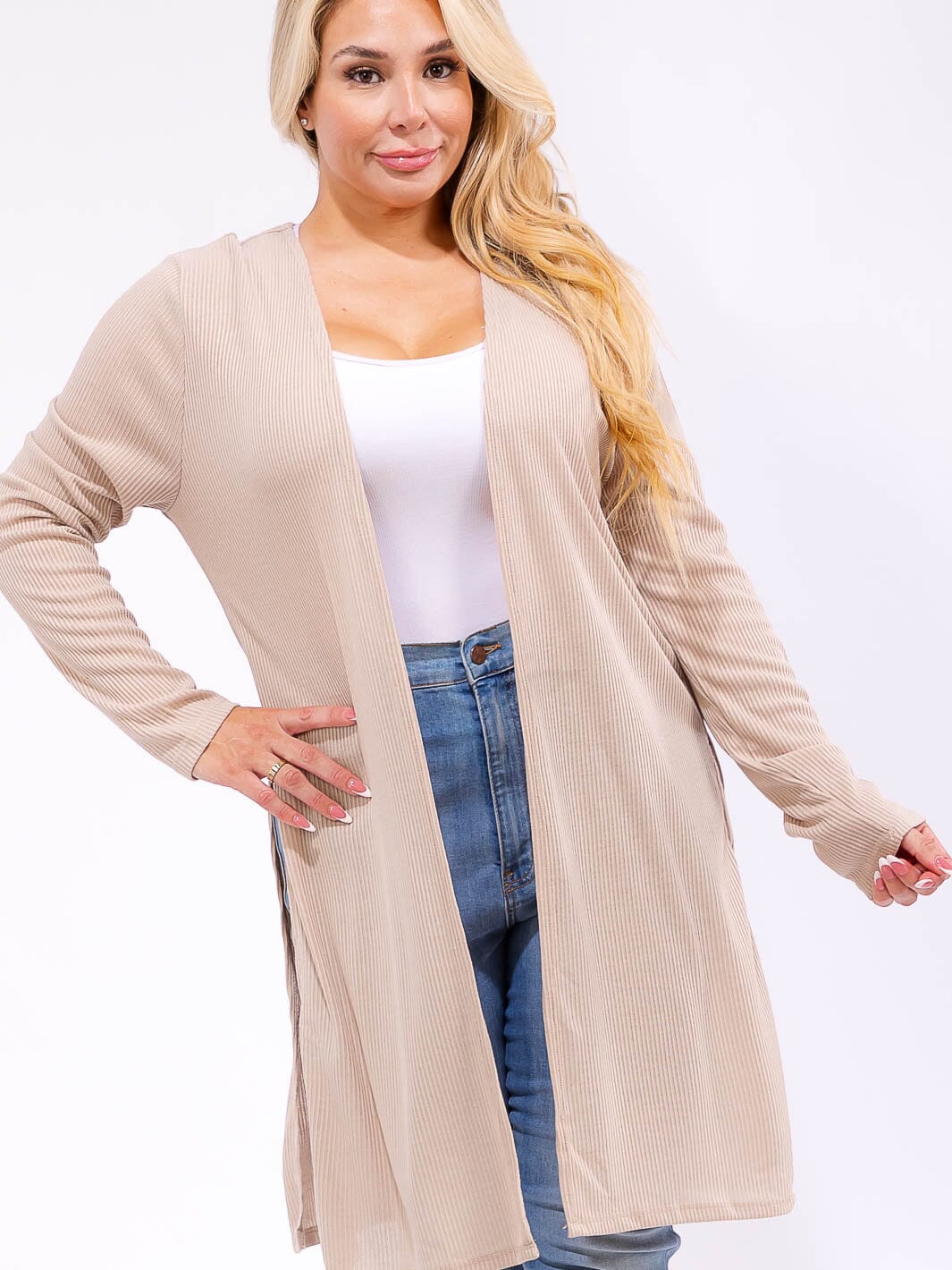 PLUS SIZE LONG SLEEVE OPEN FRONT SIDE SLIT RIBBED CARDIGAN