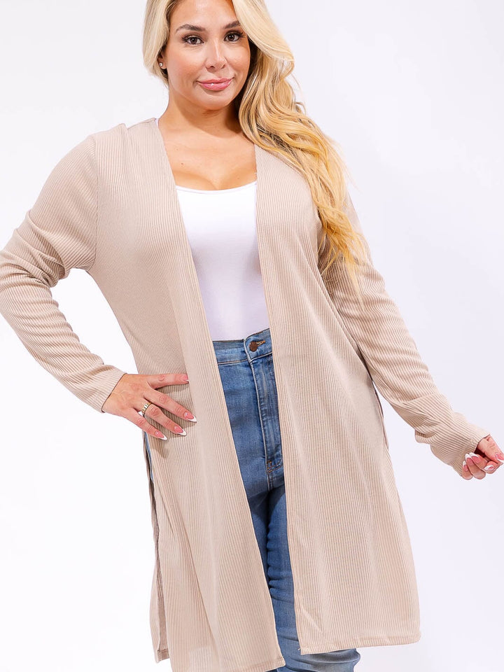 PLUS SIZE LONG SLEEVE OPEN FRONT SIDE SLIT RIBBED CARDIGAN