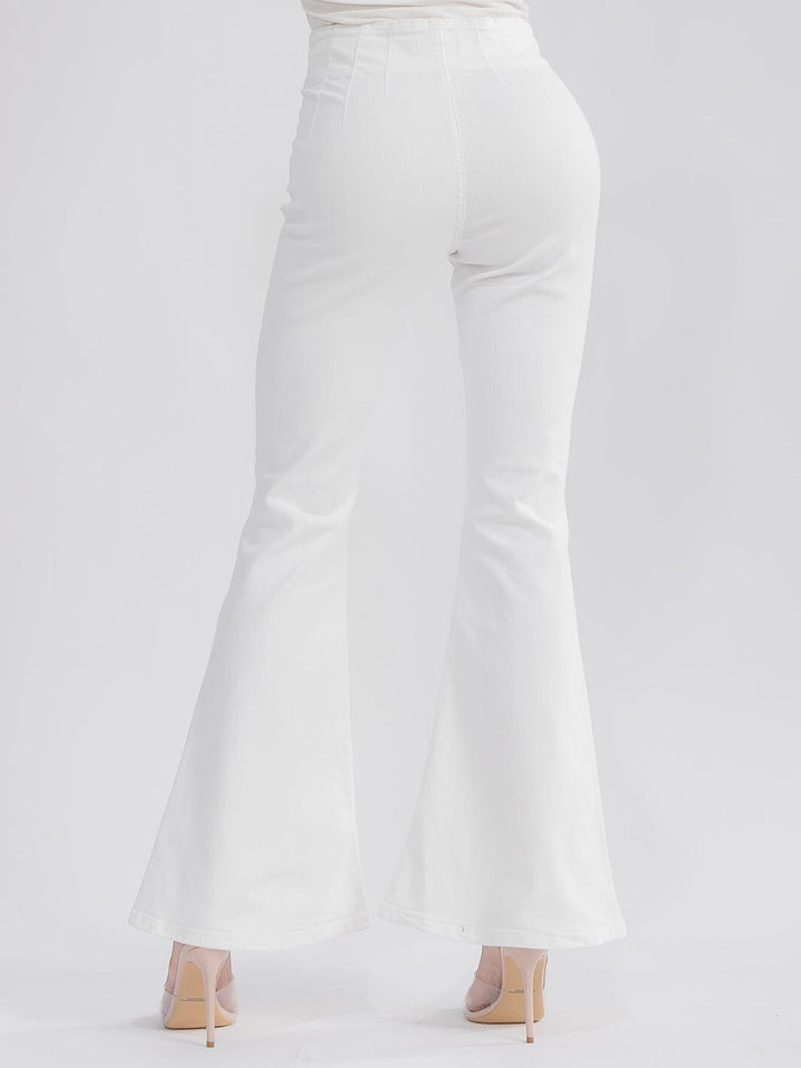 WOMEN'S BUTTON CLOSURE POCKETS BELL LEG DENIM PANTS