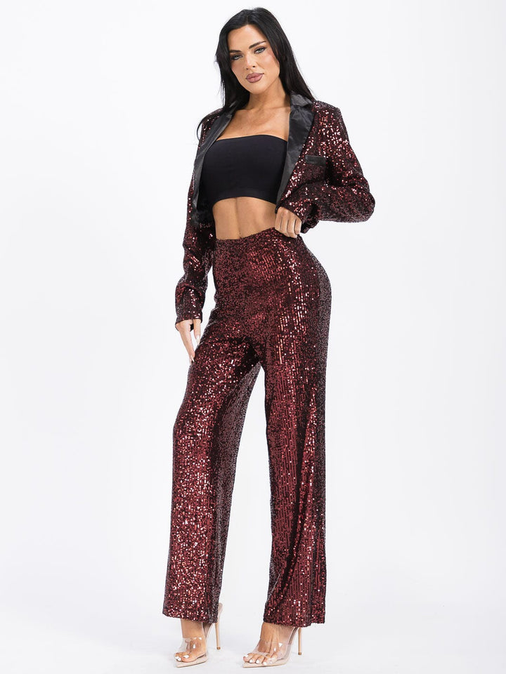 WOMEN'S LONG SLEEVE BLAZER & ZIP UP WIDE LEG PANTS SEQUINS 2PC. SET