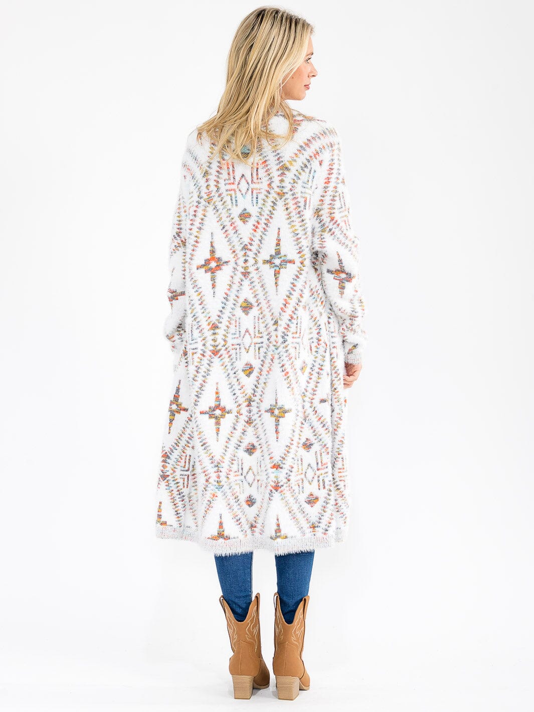 WOMEN'S LONG SLEEVE OPEN FRONT MULTI PRINT FUZZY CARDIGAN