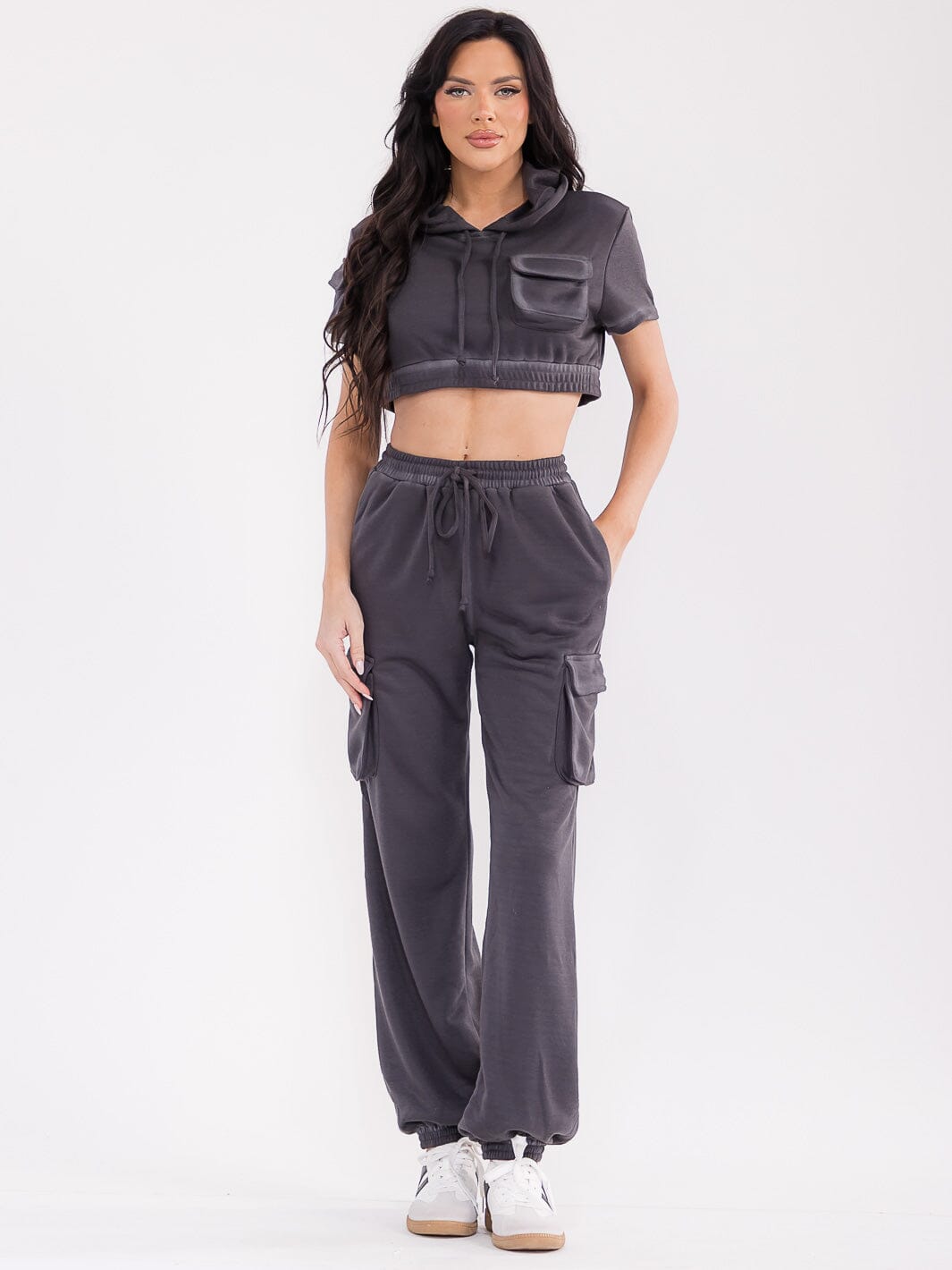 WOMEN'S SHORT SLEEVE HOODED TOP & ELASTIC WAIST PANTS WASHED 2PC. SET