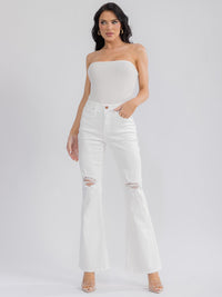 WOMEN'S BUTTON CLOSURE POCKETS DISTRESS BELL LEG DENIM PANTS