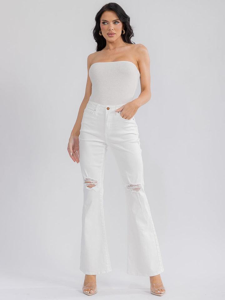 WOMEN'S BUTTON CLOSURE POCKETS DISTRESS BELL LEG DENIM PANTS