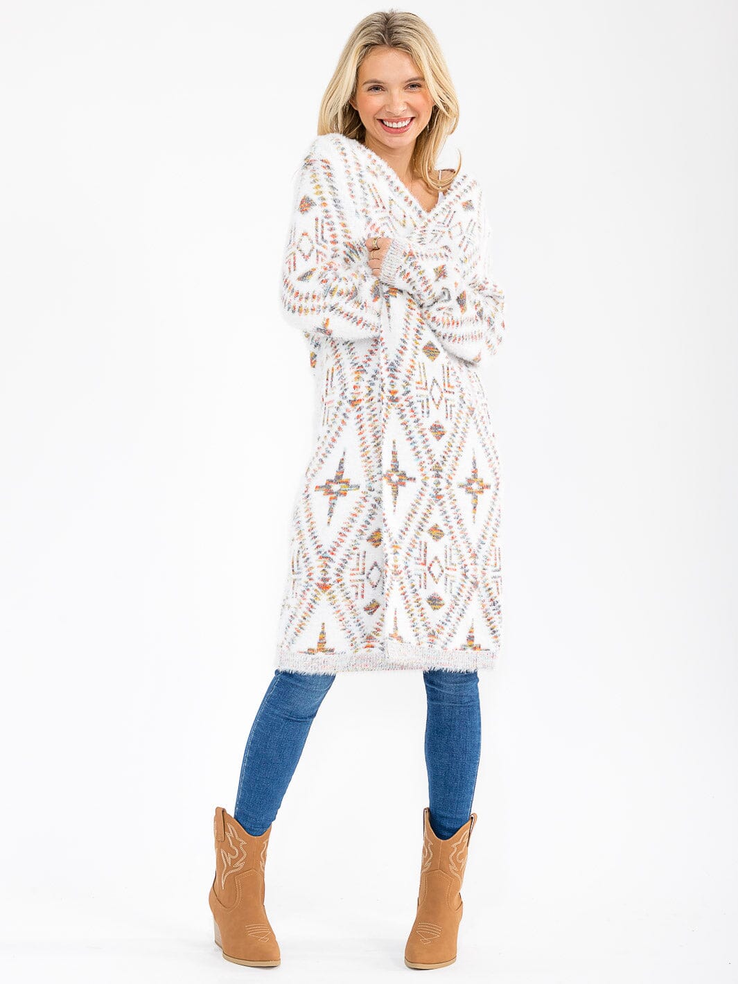 WOMEN'S LONG SLEEVE OPEN FRONT MULTI PRINT FUZZY CARDIGAN