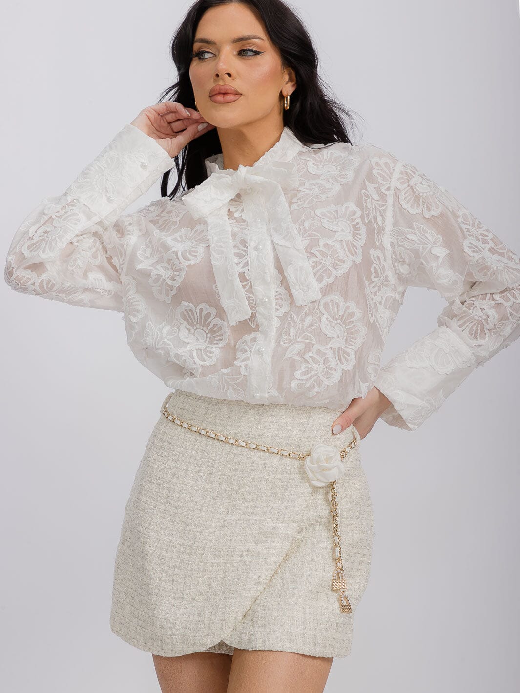 WOMEN'S LONG SLEEVE BELTED TWEED CROCHET ROMPER