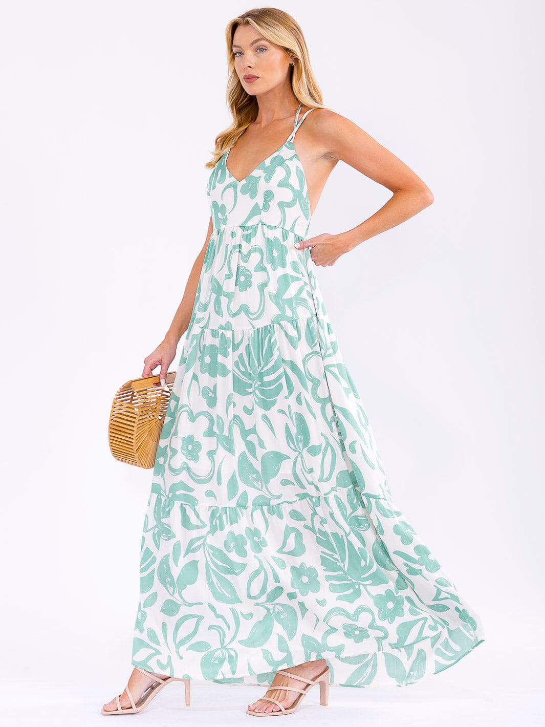 WOMEN'S SLEEVELESS V-NECK OPEN BACK FLORAL MAXI DRESS