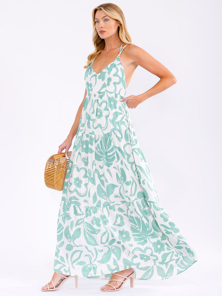WOMEN'S SLEEVELESS V-NECK OPEN BACK FLORAL MAXI DRESS