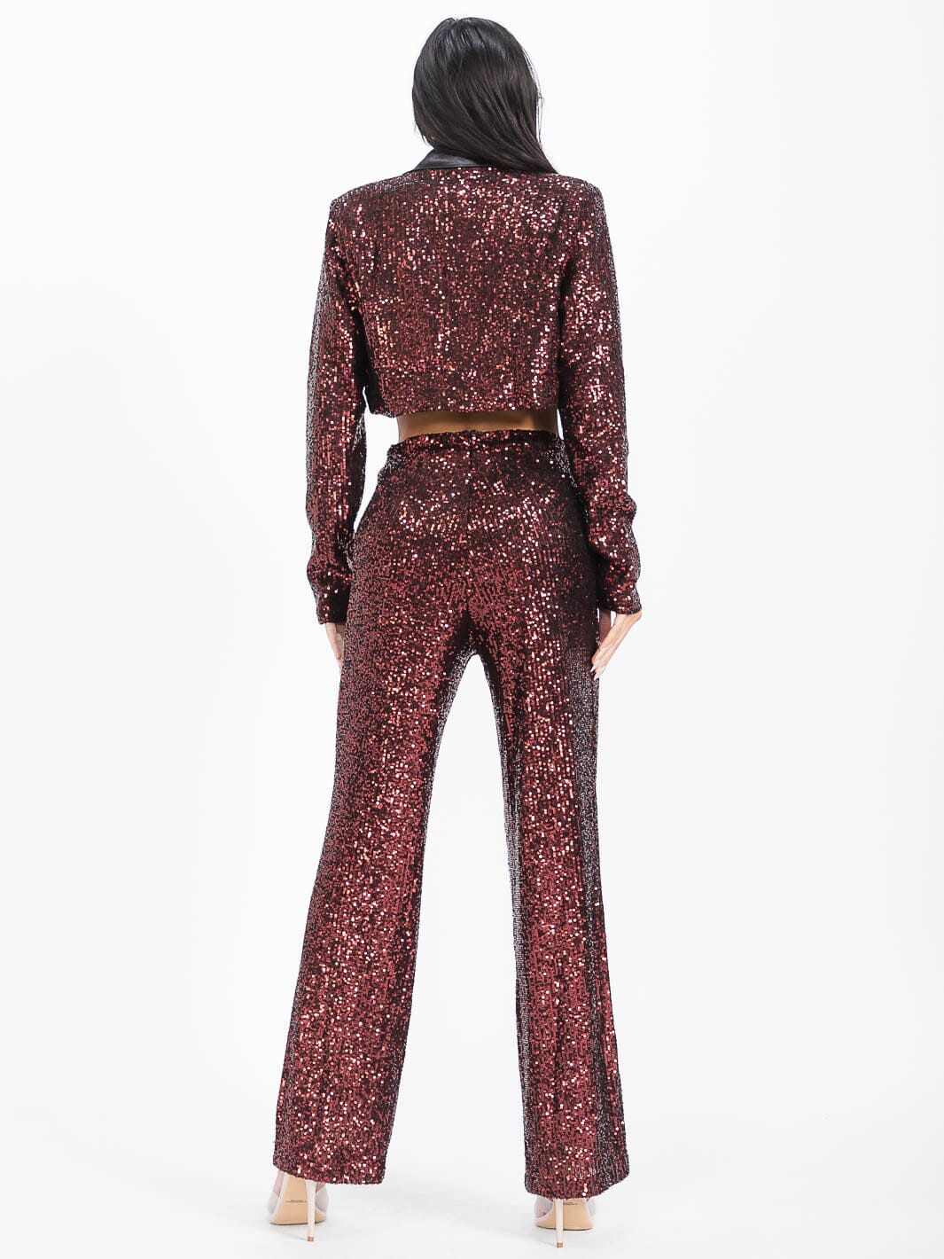 WOMEN'S LONG SLEEVE BLAZER & ZIP UP WIDE LEG PANTS SEQUINS 2PC. SET