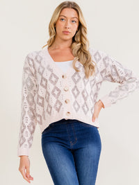 WOMEN'S LONG SLEEVE V-NECK BUTTON UP PRINT SWEATER