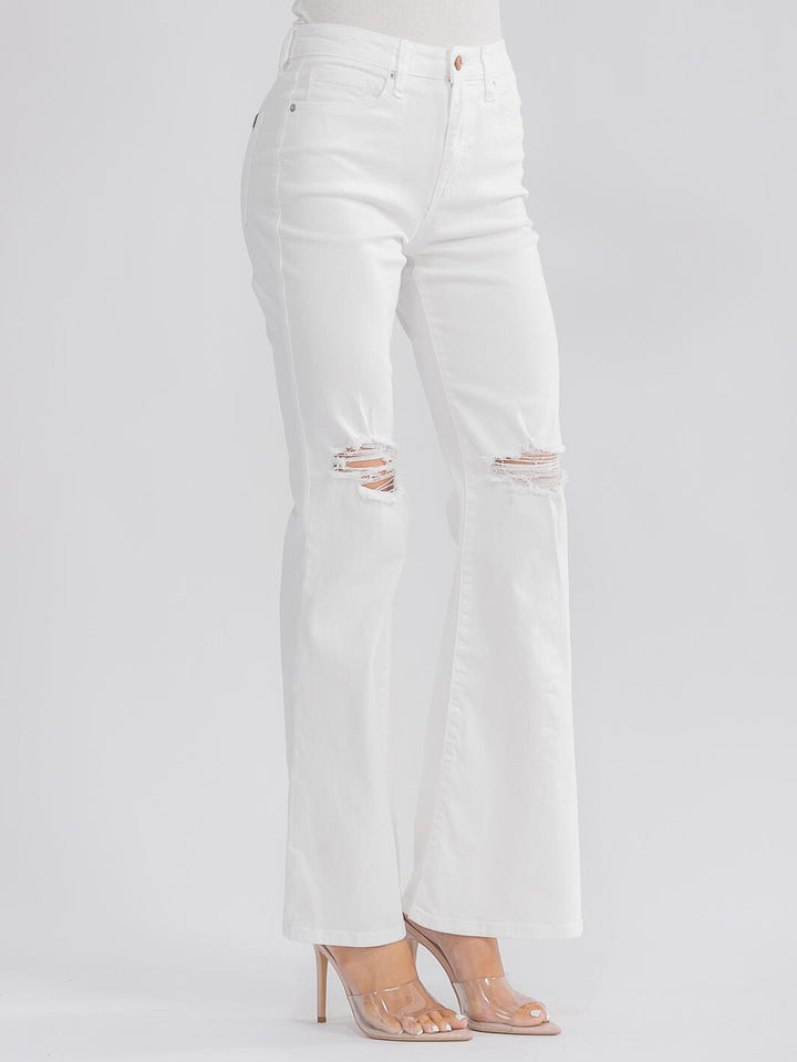 WOMEN'S BUTTON CLOSURE POCKETS DISTRESS BELL LEG DENIM PANTS