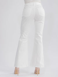 WOMEN'S BUTTON CLOSURE POCKETS DISTRESS BELL LEG DENIM PANTS