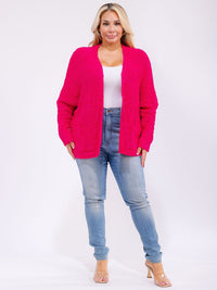 PLUS SIZE LONG SLEEVE OPEN FRONT POCKETS KNIT CARDIGAN