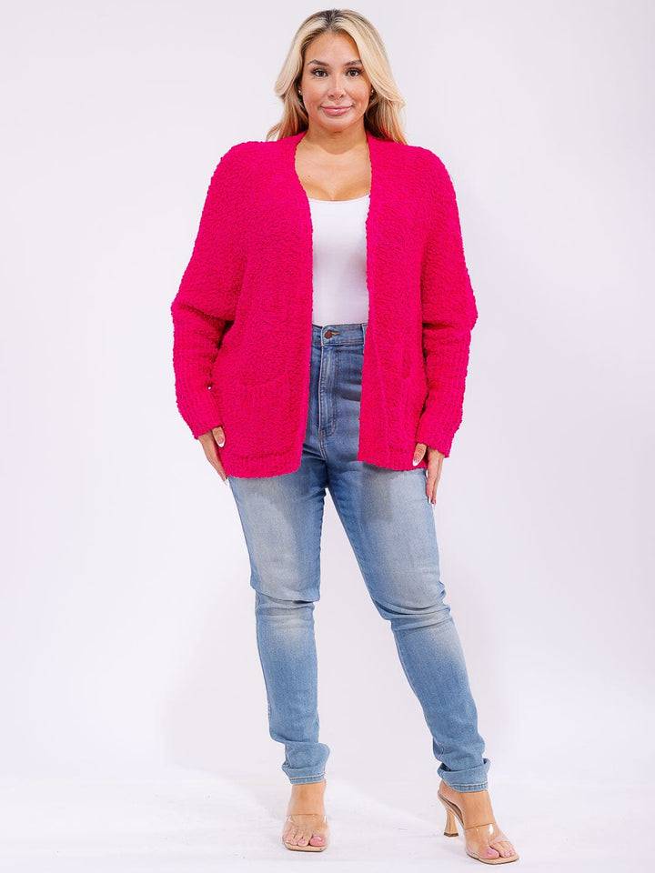 PLUS SIZE LONG SLEEVE OPEN FRONT POCKETS KNIT CARDIGAN
