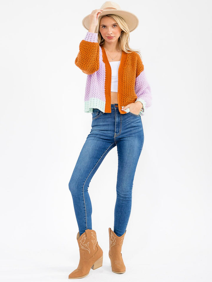 WOMEN'S LONG SLEEVE OPEN FRONT COLORBLOCK KNIT CARDIGAN