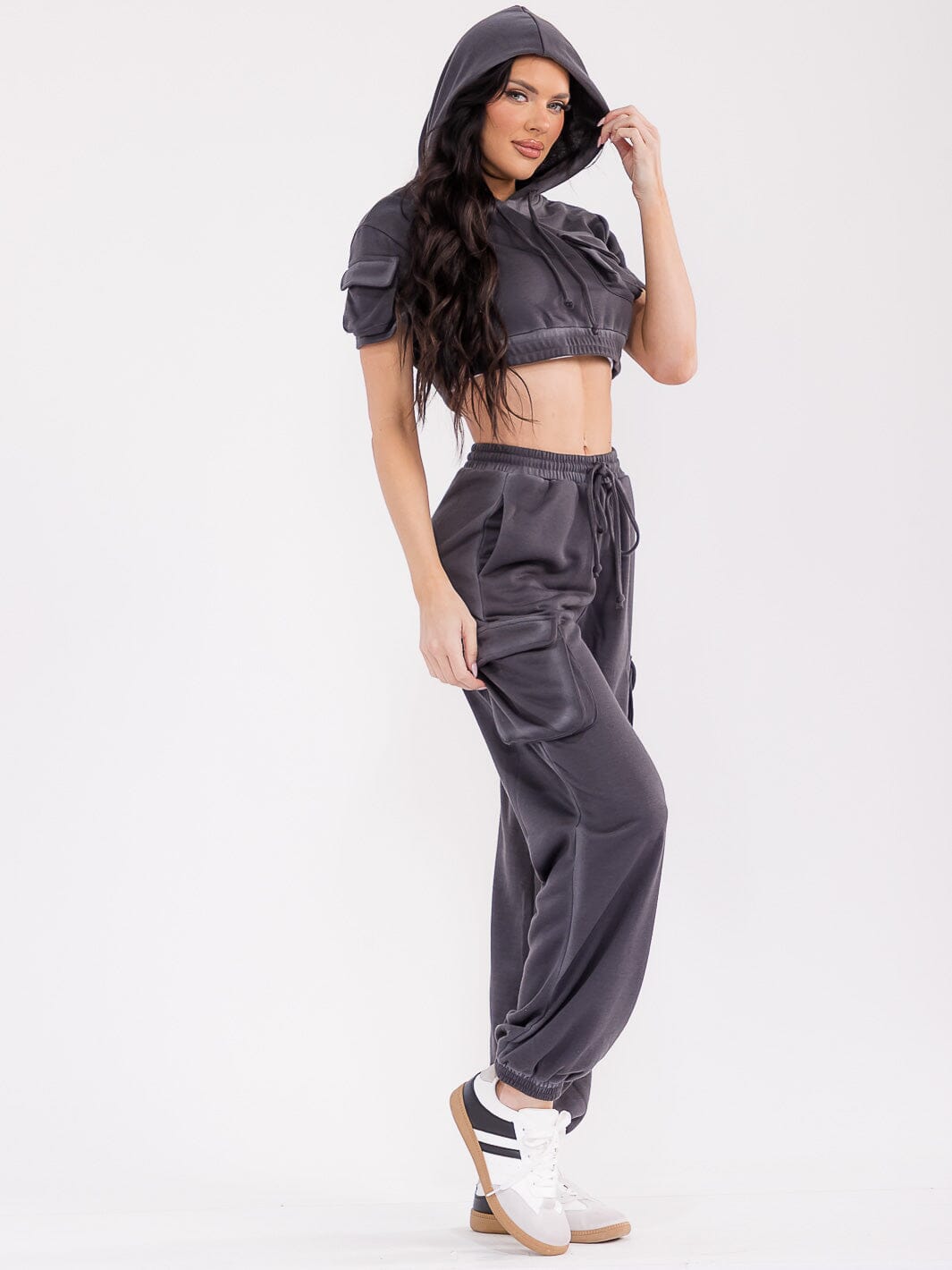 WOMEN'S SHORT SLEEVE HOODED TOP & ELASTIC WAIST PANTS WASHED 2PC. SET