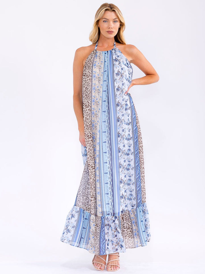 WOMEN'S SLEEVELESS HALTER NECK POCKETS FLORAL MAXI DRESS