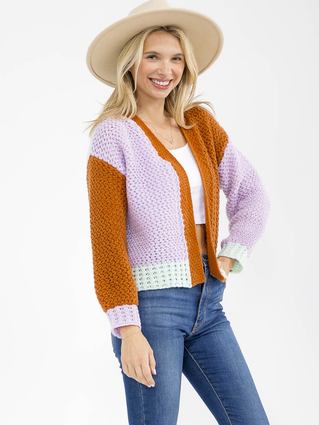 WOMEN'S LONG SLEEVE OPEN FRONT COLORBLOCK KNIT CARDIGAN