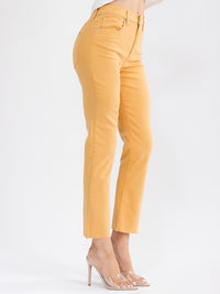 WOMEN'S BUTTON CLOSURE POCKETS RAW EDGE STRAIGHT LEG DENIM PANTS