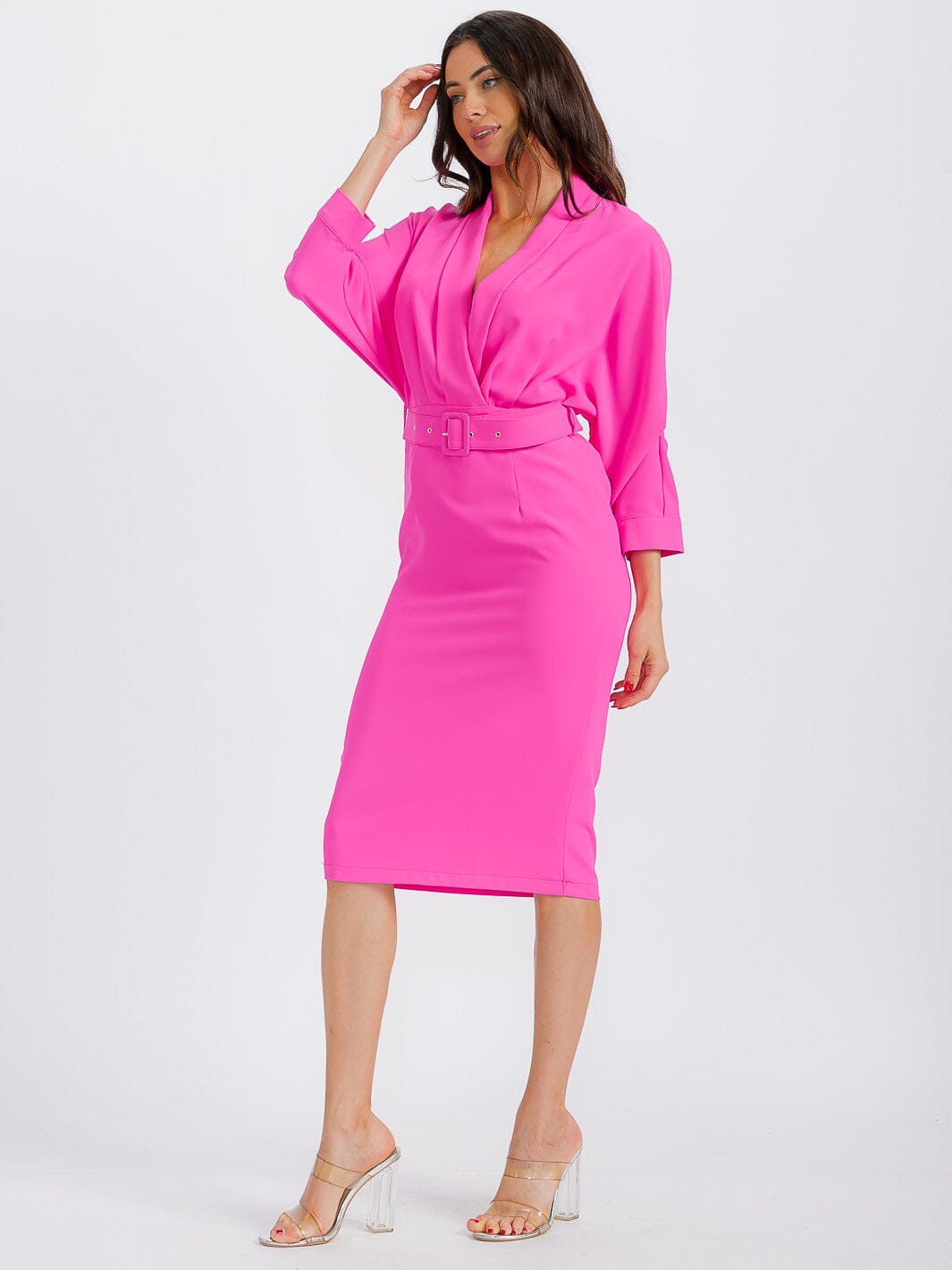 WOMEN'S LONG SLEEVE SURPLICE BELTED BODYCON MIDI DRESS