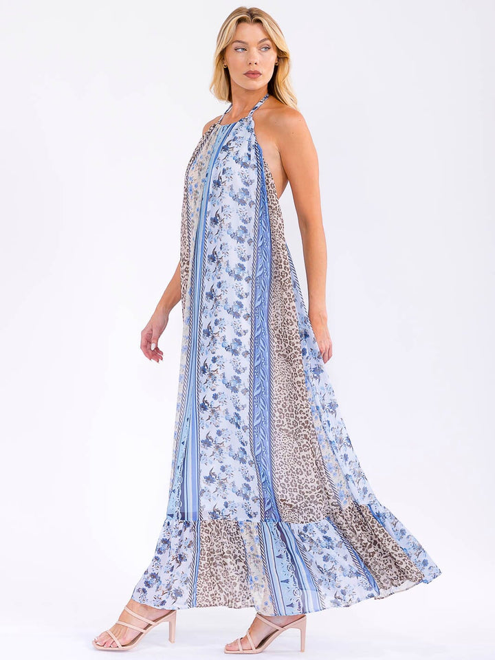 WOMEN'S SLEEVELESS HALTER NECK POCKETS FLORAL MAXI DRESS