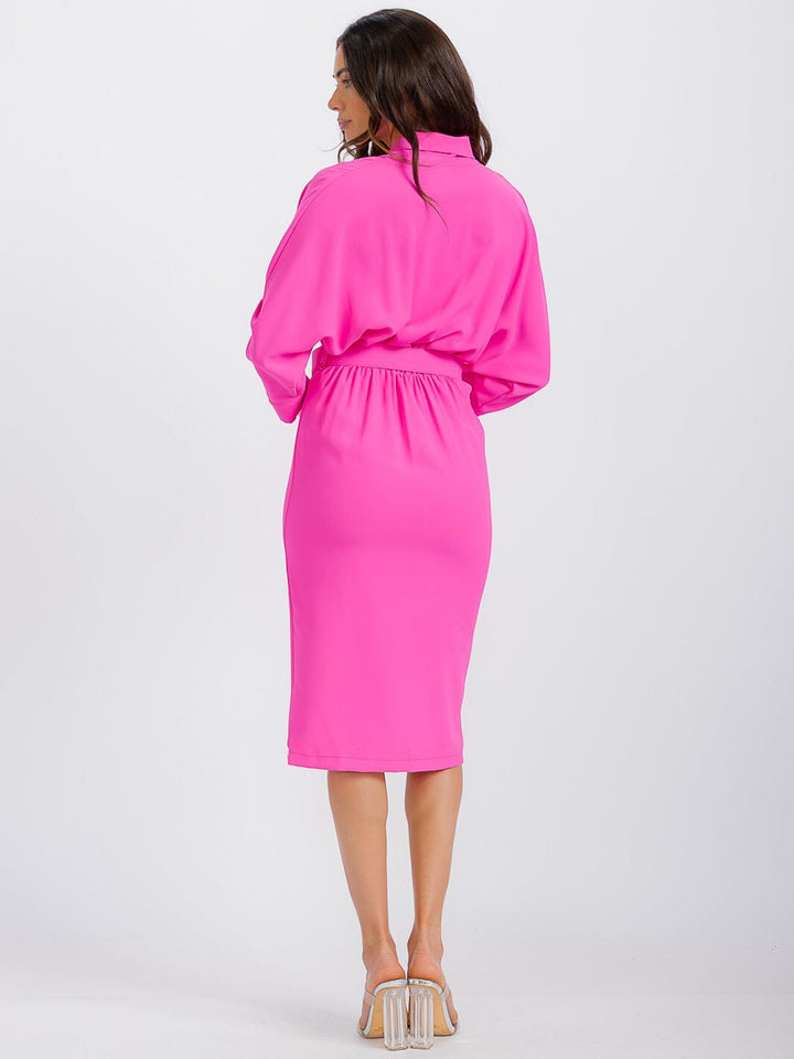 WOMEN'S LONG SLEEVE SURPLICE BELTED BODYCON MIDI DRESS