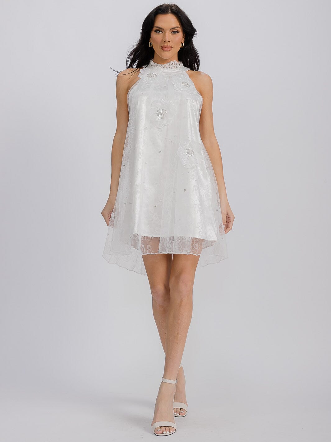 WOMEN'S SLEEVELESS HALTER NECK FLOWER DETAILED TUNIC MINI DRESS