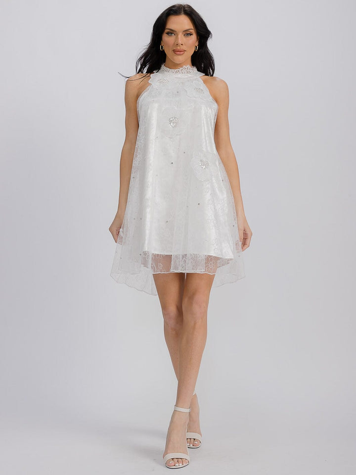 WOMEN'S SLEEVELESS HALTER NECK FLOWER DETAILED TUNIC MINI DRESS