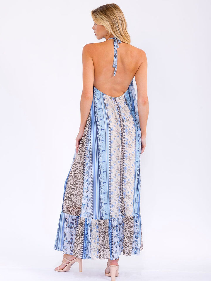 WOMEN'S SLEEVELESS HALTER NECK POCKETS FLORAL MAXI DRESS