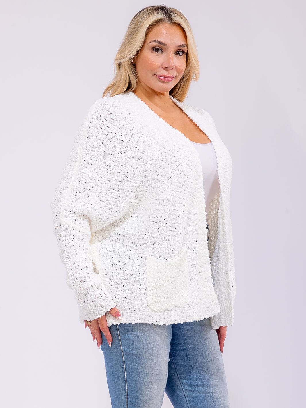 PLUS SIZE LONG SLEEVE OPEN FRONT POCKETS KNIT CARDIGAN