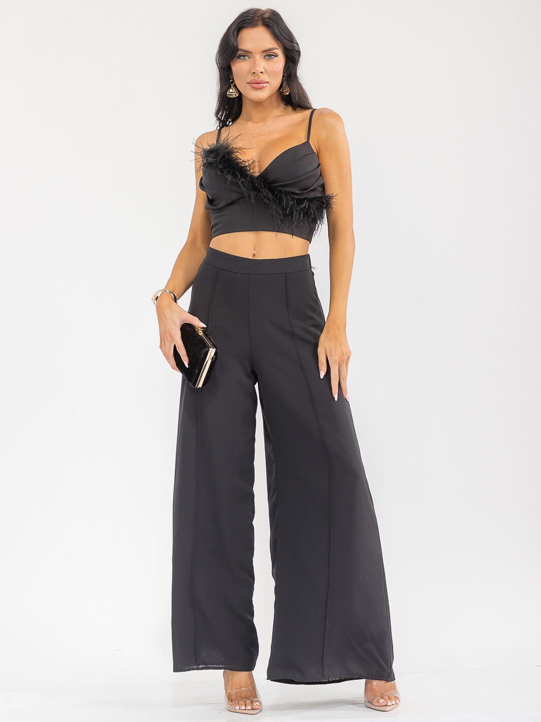 WOMEN'S SLEEVELESS CROP TOP & BUTTON CLOSURE PANTS FEATHER DETAILED 2PC. SET