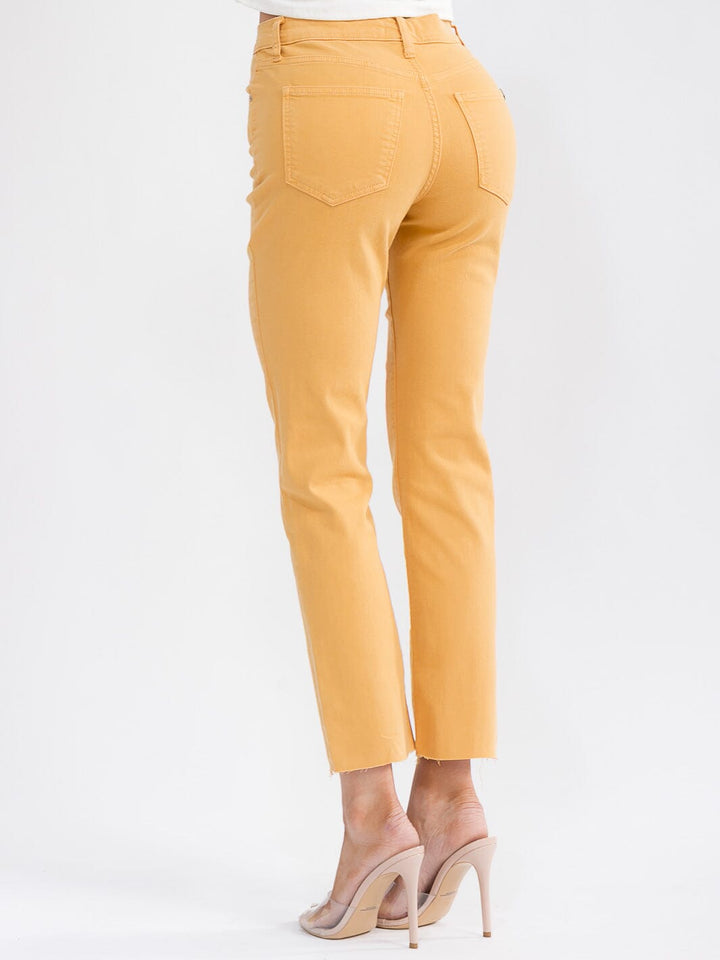 WOMEN'S BUTTON CLOSURE POCKETS RAW EDGE STRAIGHT LEG DENIM PANTS