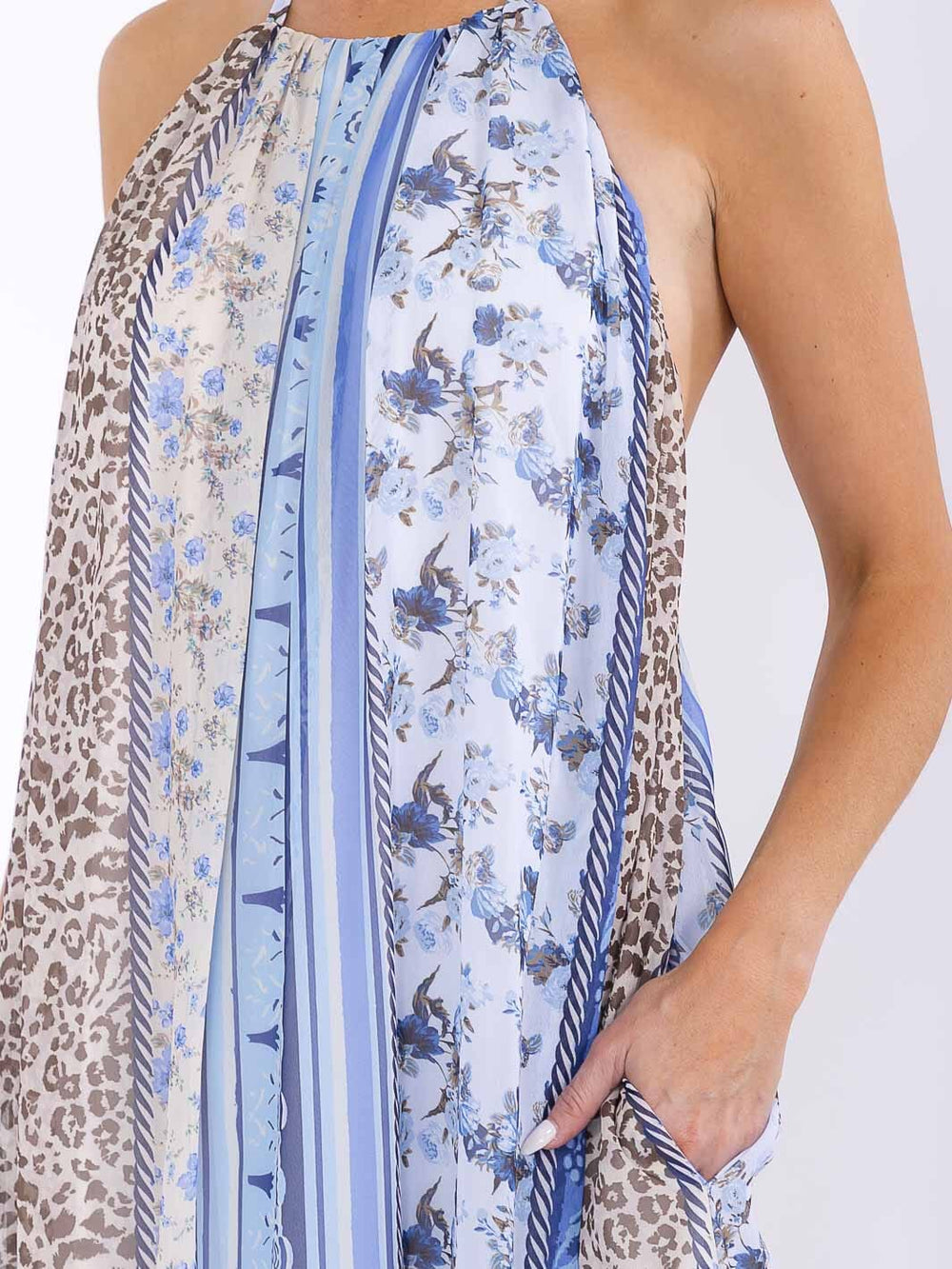 WOMEN'S SLEEVELESS HALTER NECK POCKETS FLORAL MAXI DRESS