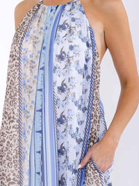 WOMEN'S SLEEVELESS HALTER NECK POCKETS FLORAL MAXI DRESS