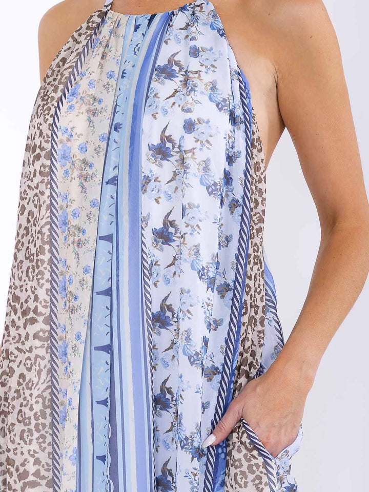 WOMEN'S SLEEVELESS HALTER NECK POCKETS FLORAL MAXI DRESS