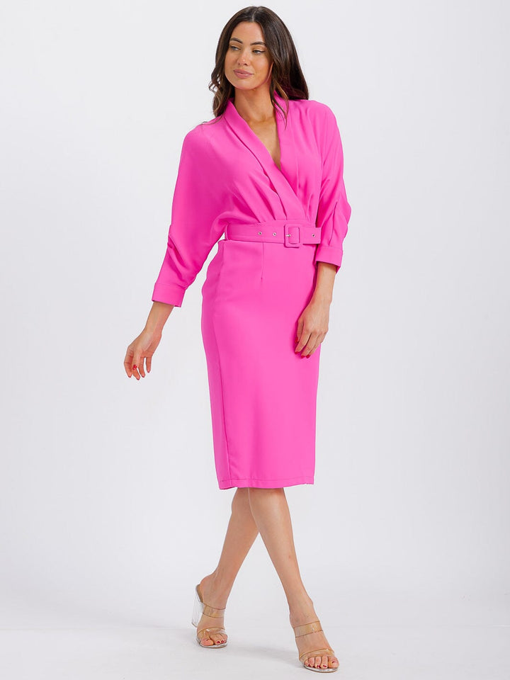 WOMEN'S LONG SLEEVE SURPLICE BELTED BODYCON MIDI DRESS