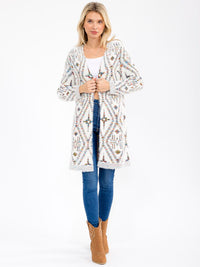 WOMEN'S LONG SLEEVE OPEN FRONT MULTI PRINT FUZZY CARDIGAN