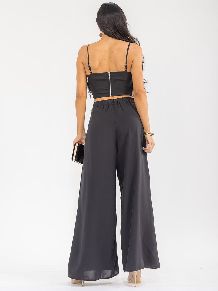 WOMEN'S SLEEVELESS CROP TOP & BUTTON CLOSURE PANTS FEATHER DETAILED 2PC. SET