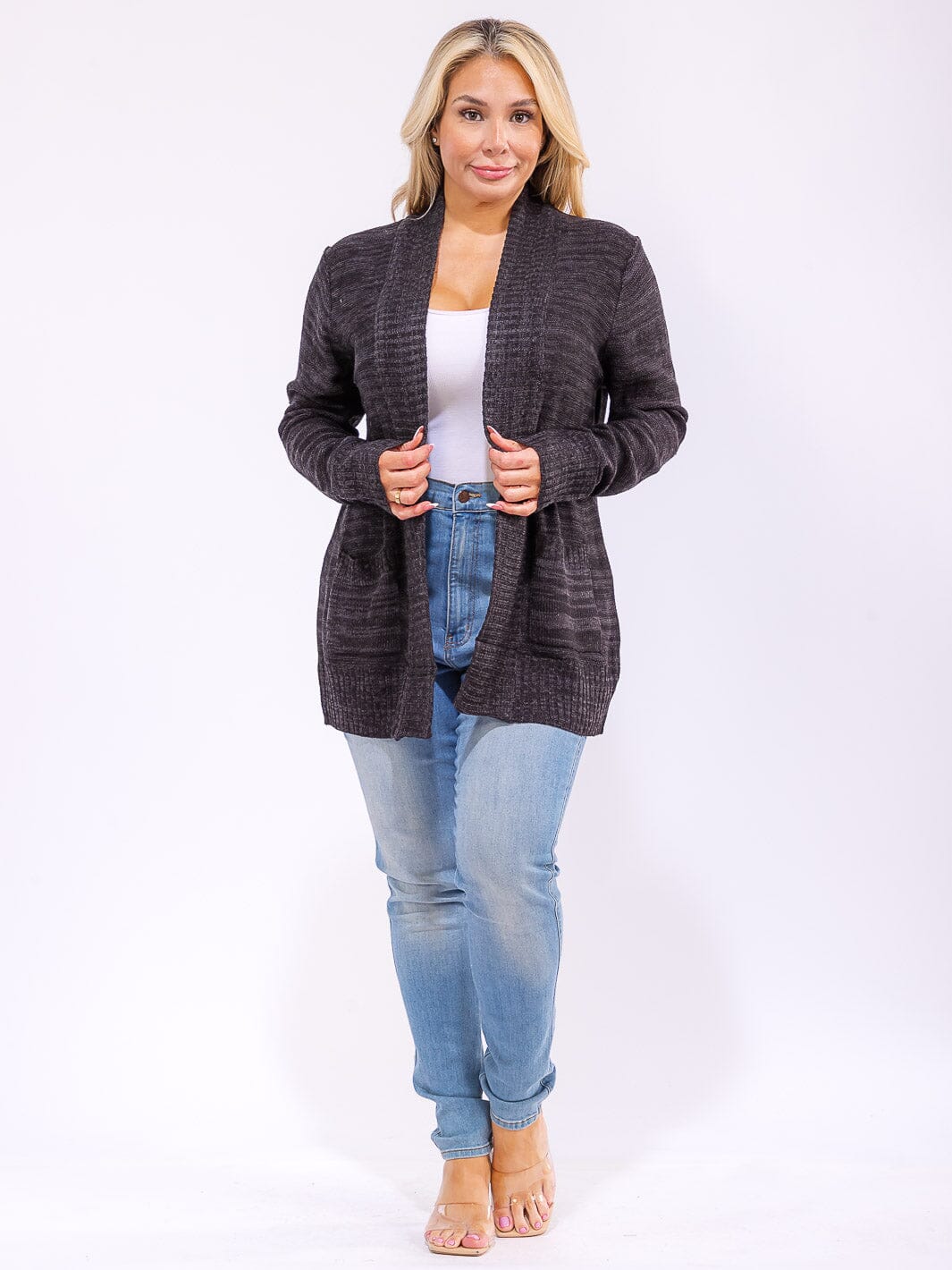 PLUS SIZE LONG SLEEVE OPEN FRONT POCKETS KNIT CARDIGAN