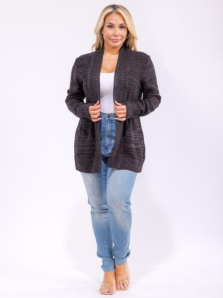 PLUS SIZE LONG SLEEVE OPEN FRONT POCKETS KNIT CARDIGAN