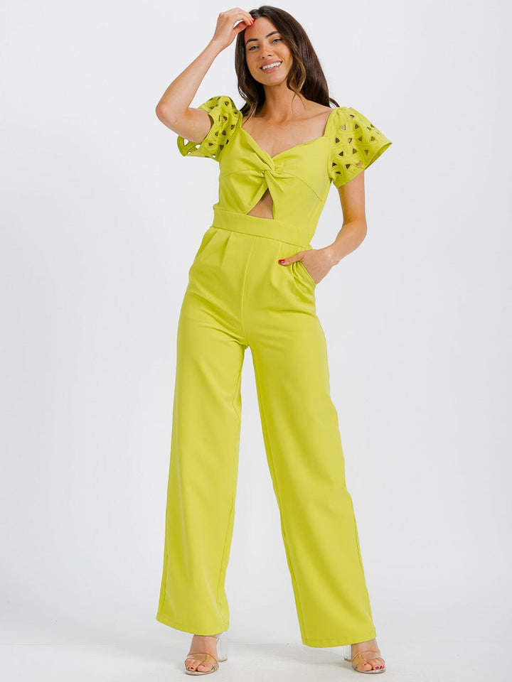 WOMEN'S SHORT SLEEVE V-NECK CUT OUT FRONT POCKETS WIDE LEG JUMPSUIT