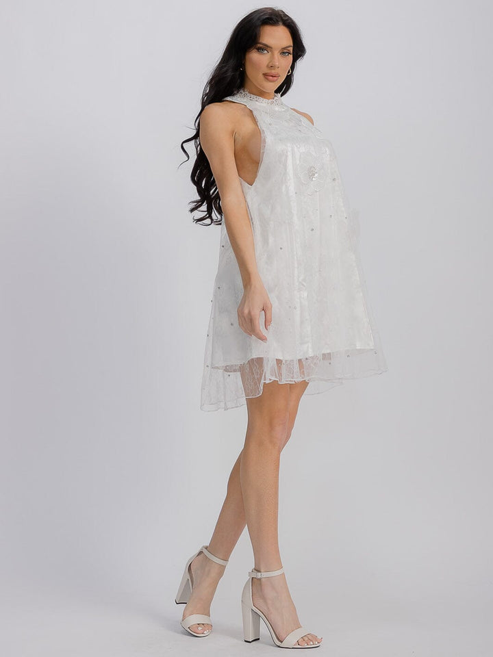 WOMEN'S SLEEVELESS HALTER NECK FLOWER DETAILED TUNIC MINI DRESS