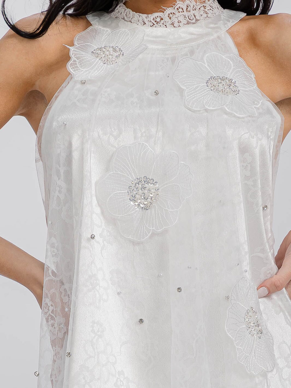 WOMEN'S SLEEVELESS HALTER NECK FLOWER DETAILED TUNIC MINI DRESS