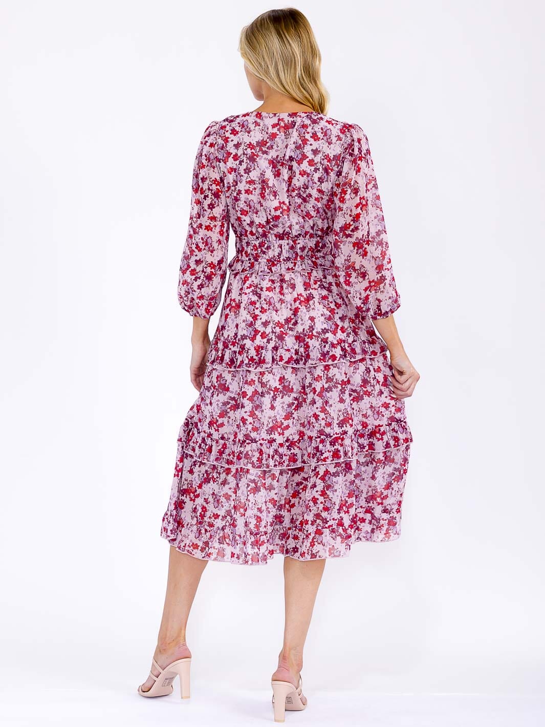 WOMEN'S 3/4 SLEEVE V-NECK ELASTIC WAIST TIERED FLORAL MIDI DRESS